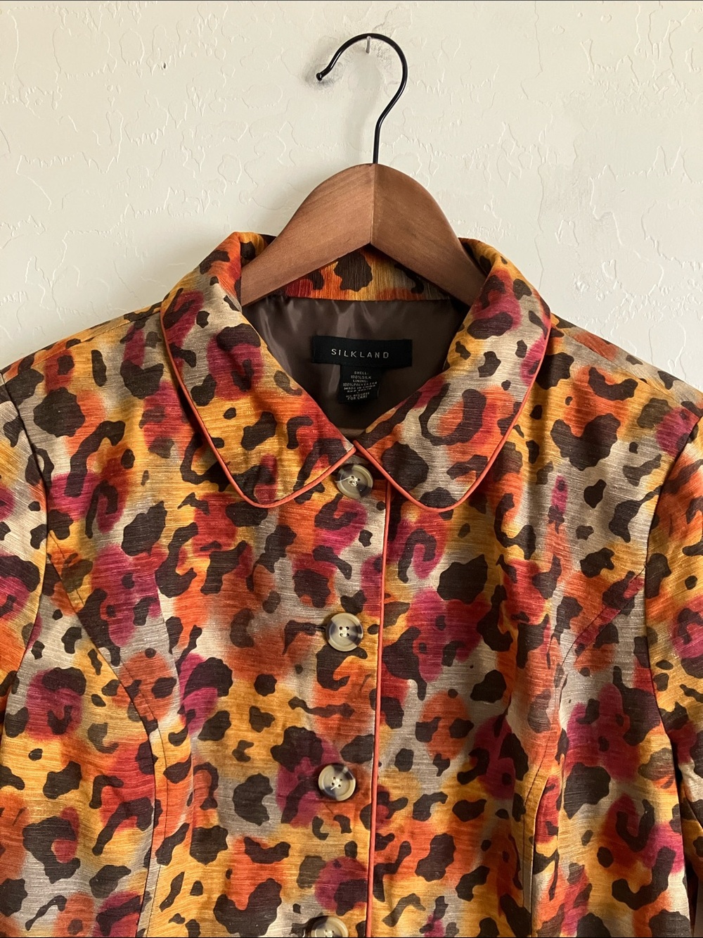 Silkland Silk Blazer Jacket Statement Colorful Leopard Print Button Up Womens L